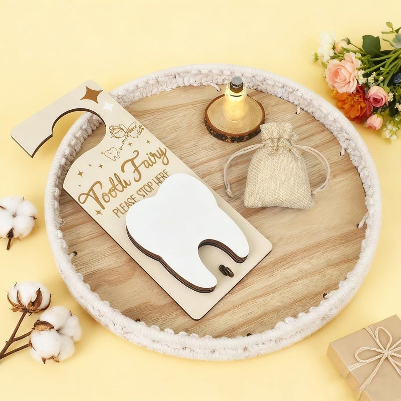 AINBIN Store Tooth Fairy Door Hanger, Tooth Fairy Tooth Holder Kit with Money Slot Keepsake Bottle Burlap Pouch & Upgrade Night Light, Wooden Encourage Gift for Kids Children Boys Girls Lost Teeth (Brown) - Image 2